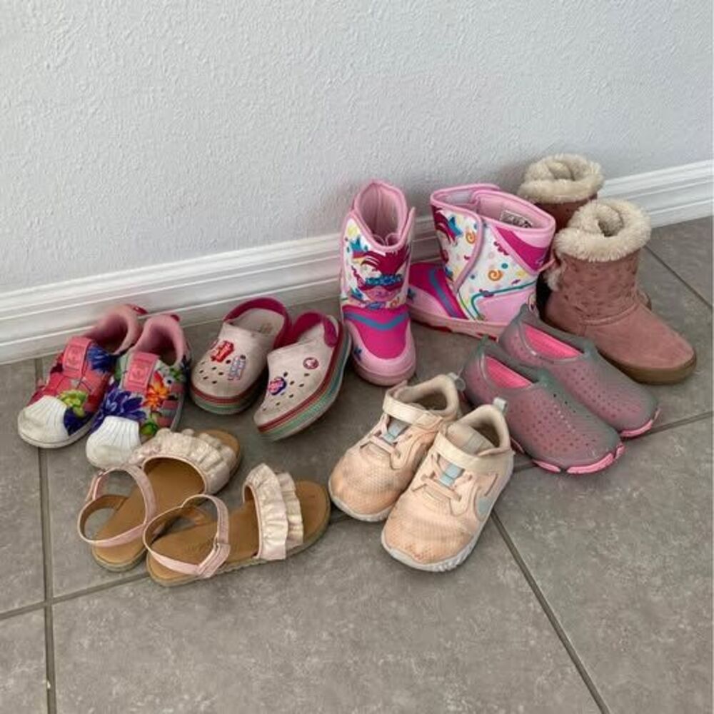 7 pairs size 9 bundle girl shoes, snow boots trolls, crocs, addidas snakers